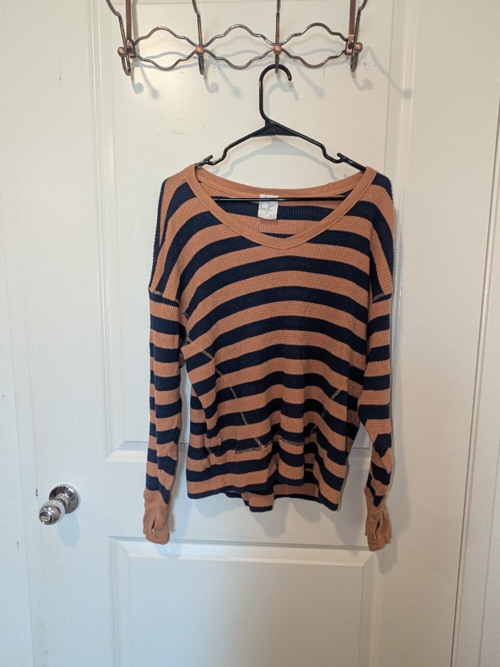Blue and Tan Womens Waffle Long Sleeve Lounge Top Boat Neck Off The Shoulder